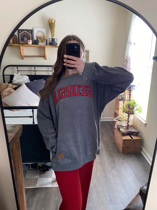 Pressbox Tops - Pressbox Georgia Red Lettering Gray Soft Oversized Sweatshirt — Women’s L